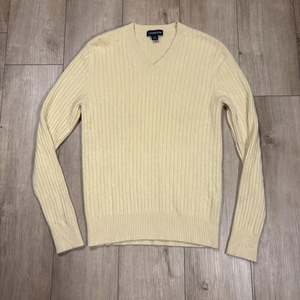 LANDS' END Men's M 38-40 Yellow 100% Cashmere Sweater V Neck Excellent
